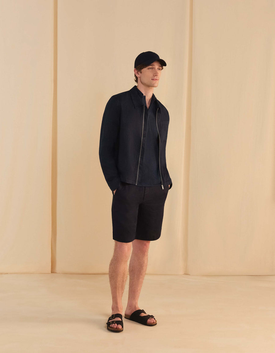 Regular Fit 100% Linen Regular Collar Jackets - Navy Blue