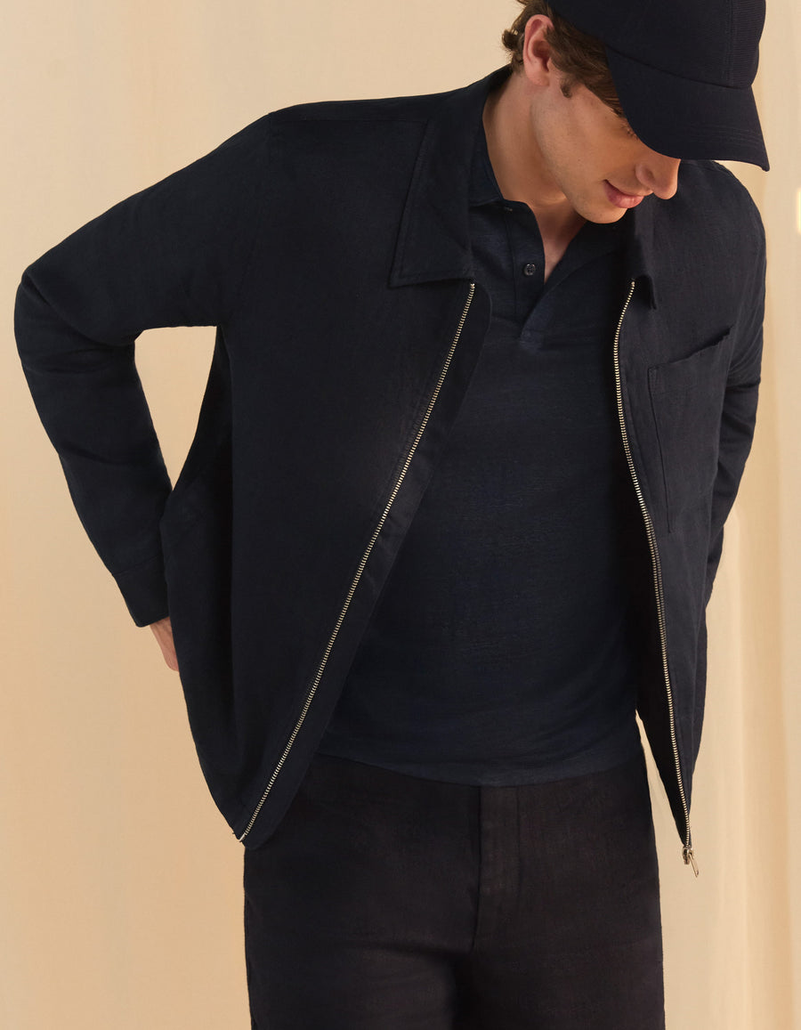 Regular Fit 100% Linen Regular Collar Jackets - Navy Blue