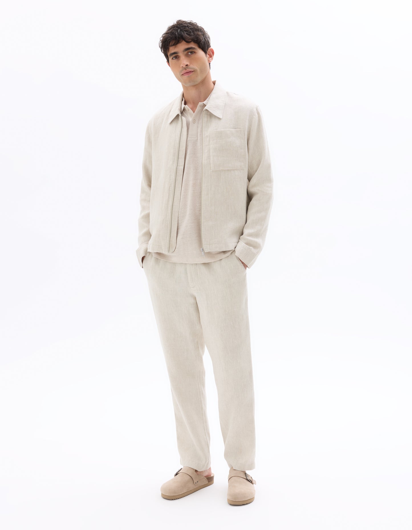 Regular Fit 100% Linen Regular Collar Jackets - Cream