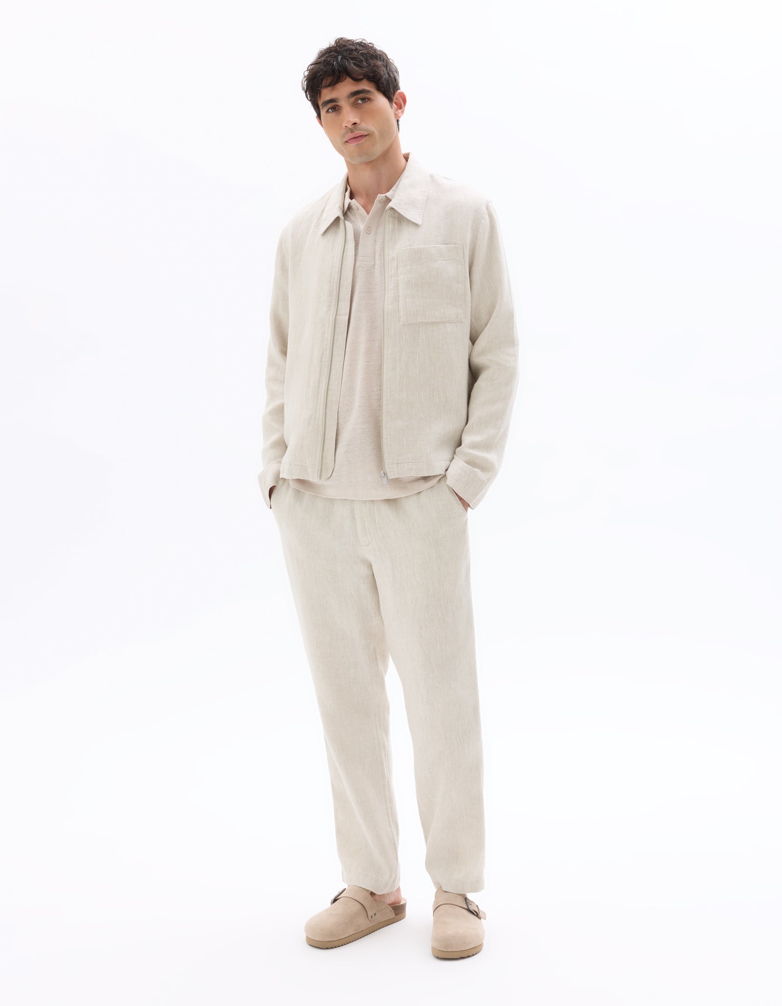 Regular Fit 100% Linen Regular Collar Jackets - Cream