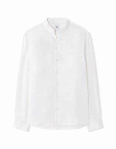 Regular Fit 100% Linen High Collar Shirt - White