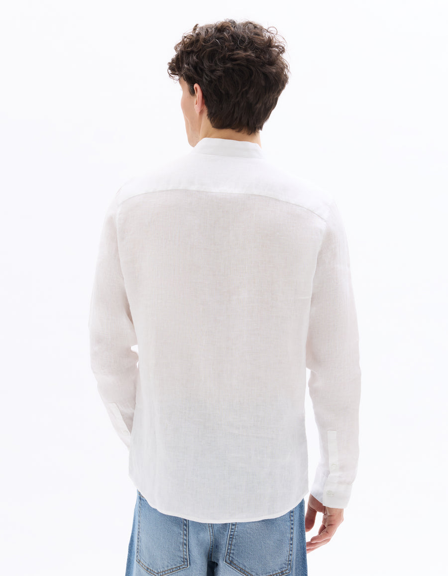 Regular Fit 100% Linen High Collar Shirt - White