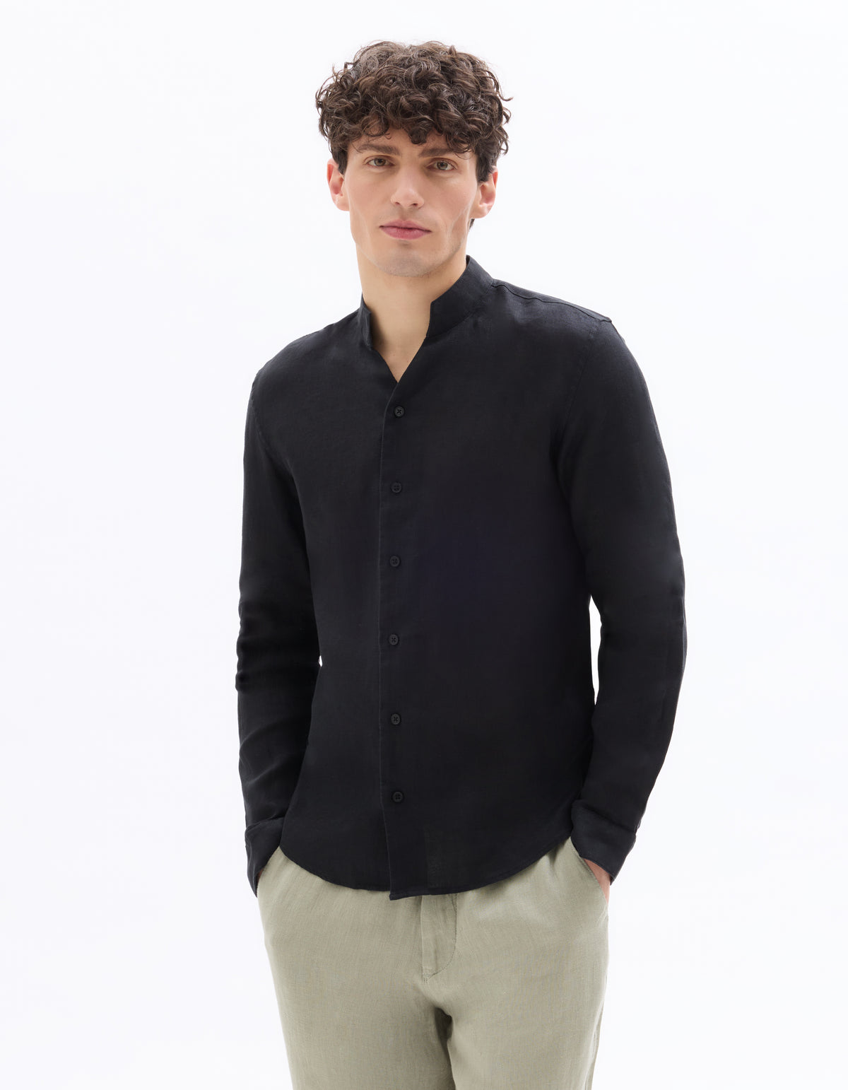 Regular Fit High Collar Shirt - Black
