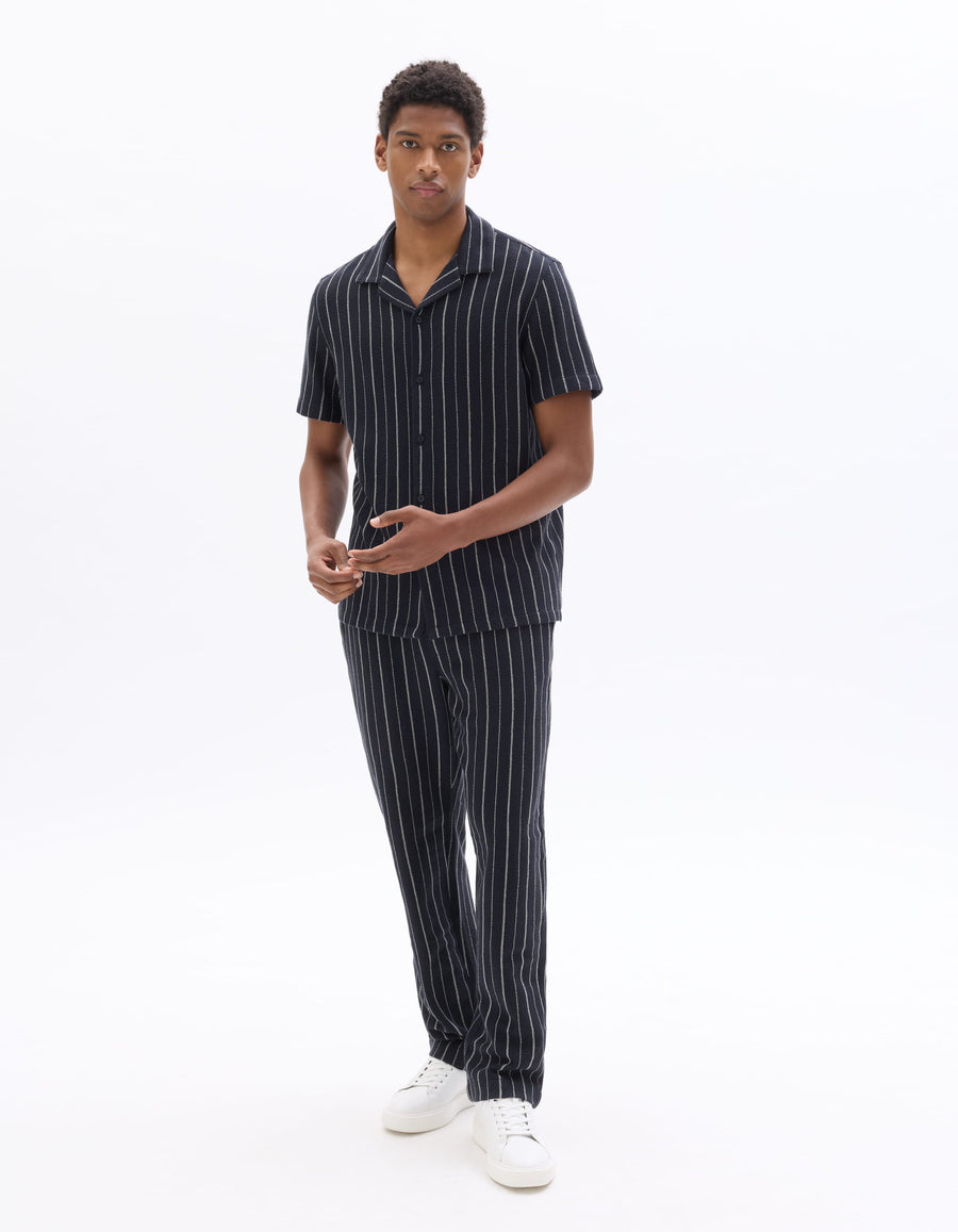 Regular Fit 100% Cotton Cuban Collar Shirt - Navy Blue