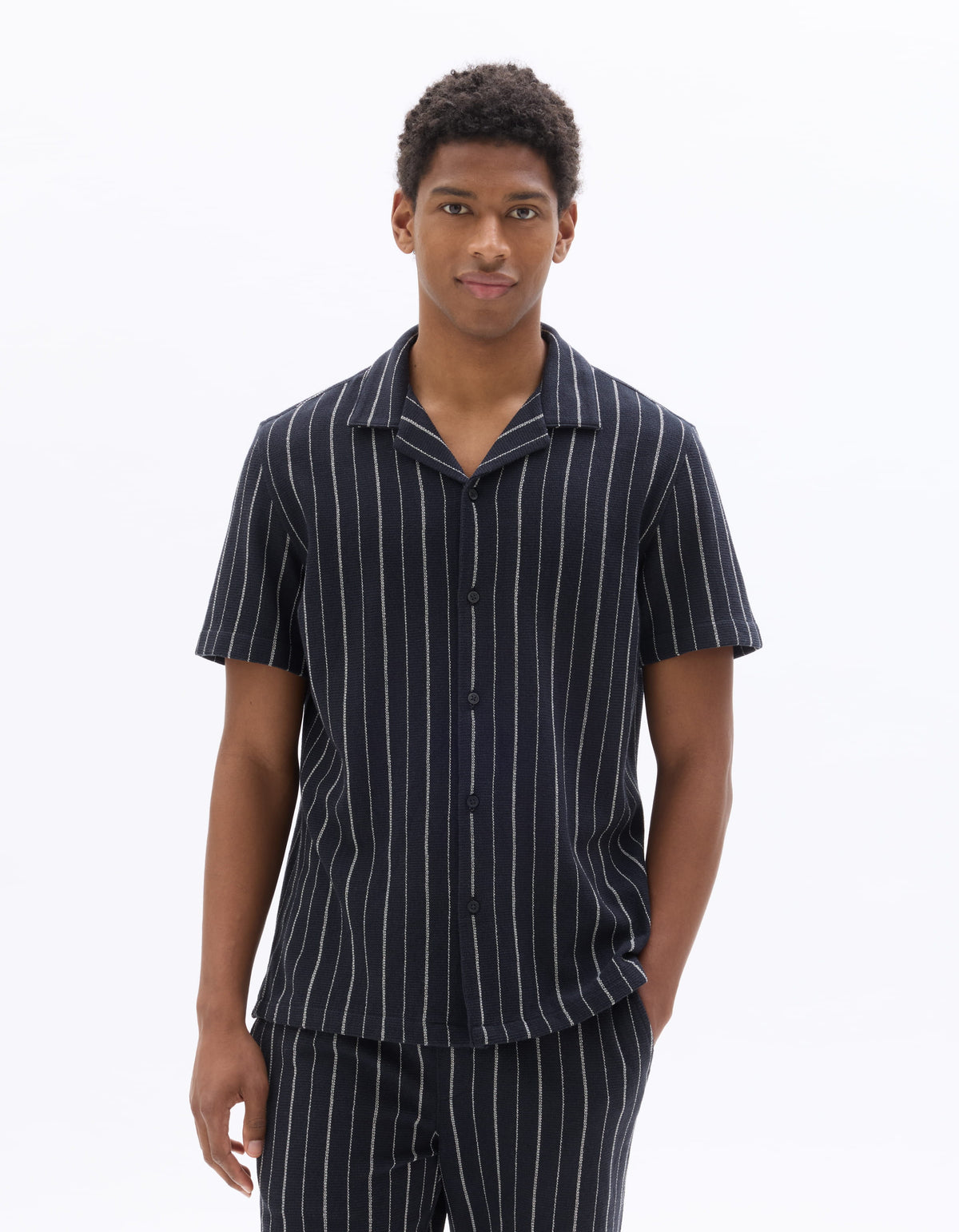 Regular Fit 100% Cotton Cuban Collar Shirt - Navy Blue