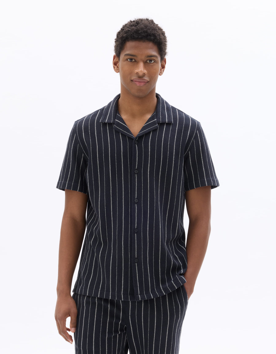 Regular Fit 100% Cotton Cuban Collar Shirt - Navy Blue