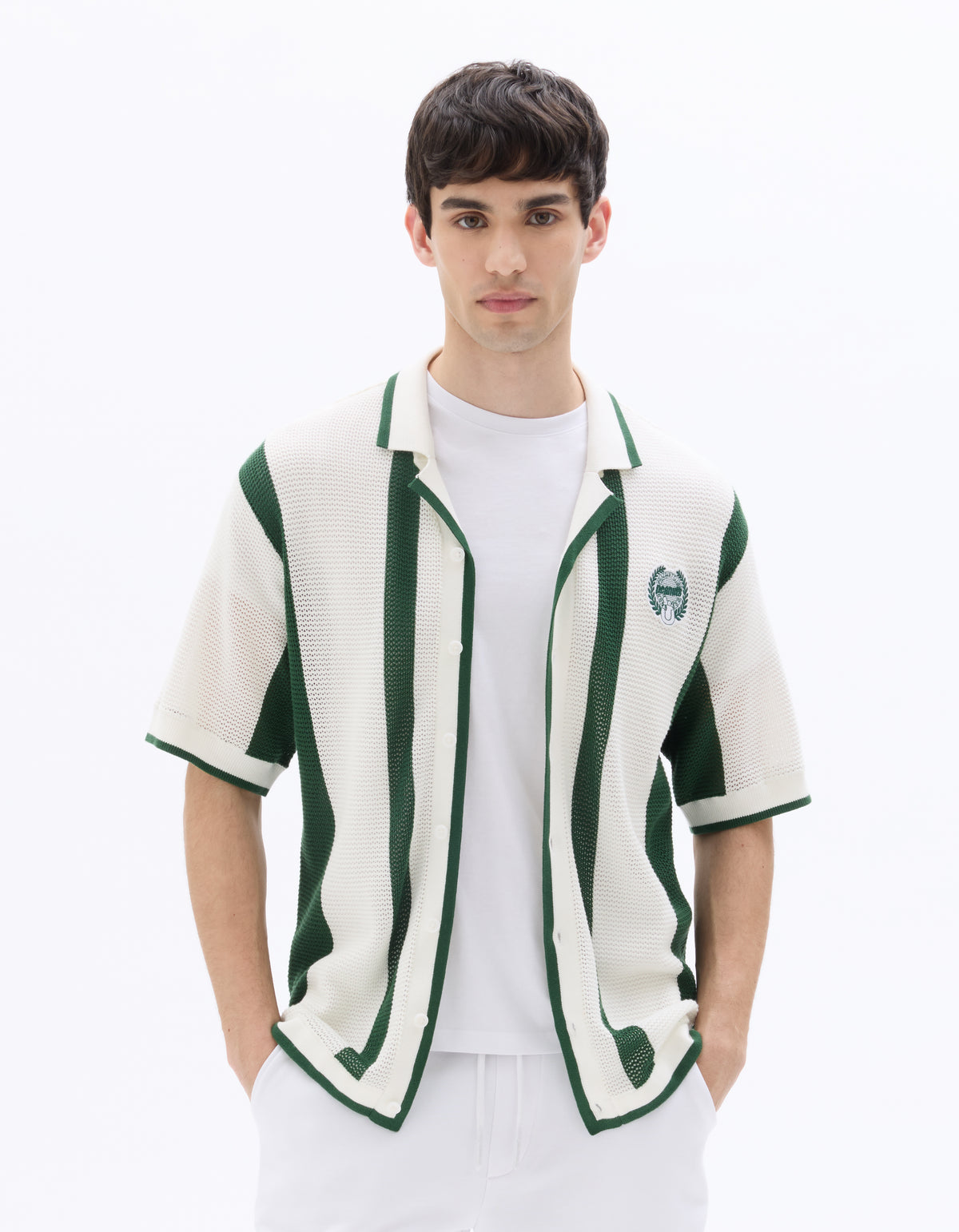 Peanuts Regular Fit 100% Cotton Stripes Cuban Collar Shirts - White