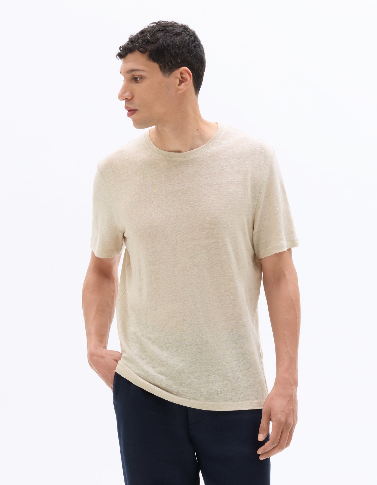 Celio Mens Beige Solid Regular Fit Linen T-Shirts