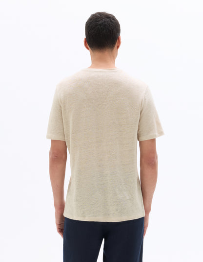 Celio Mens Beige Solid Regular Fit Linen T-Shirts