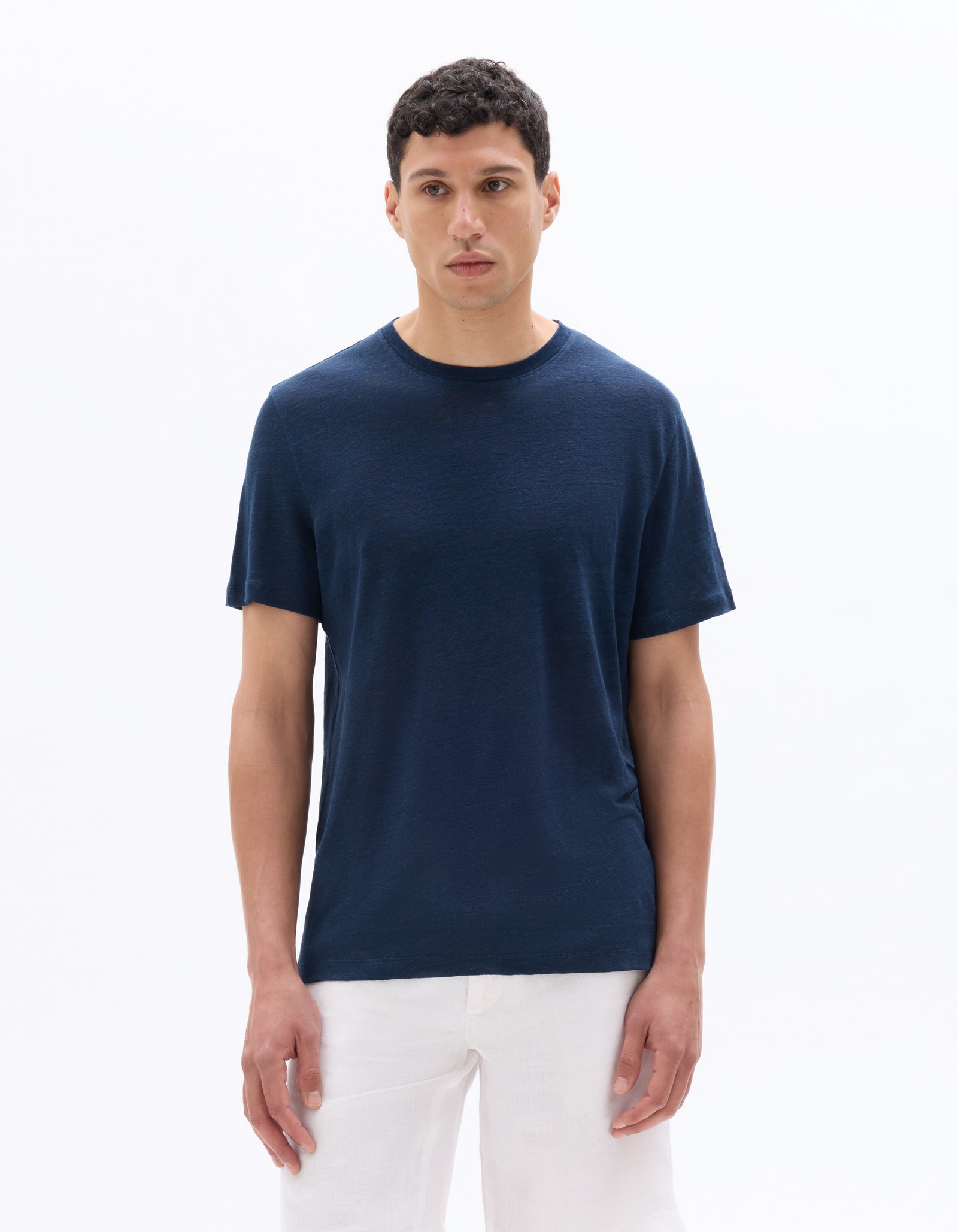 Celio Mens Blue Solid Regular Fit Linen T-Shirts
