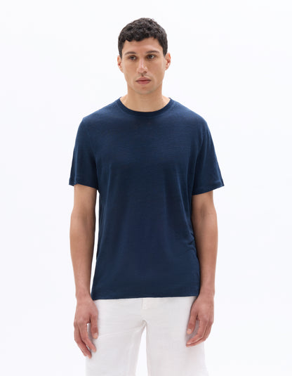 Celio Mens Blue Solid Regular Fit Linen T-Shirts