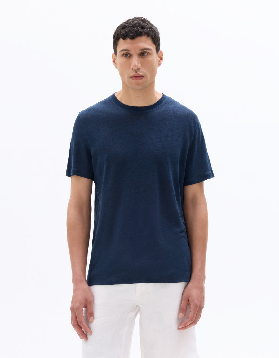 Celio Mens Blue Solid Regular Fit Linen T-Shirts