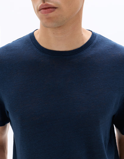Celio Mens Blue Solid Regular Fit Linen T-Shirts