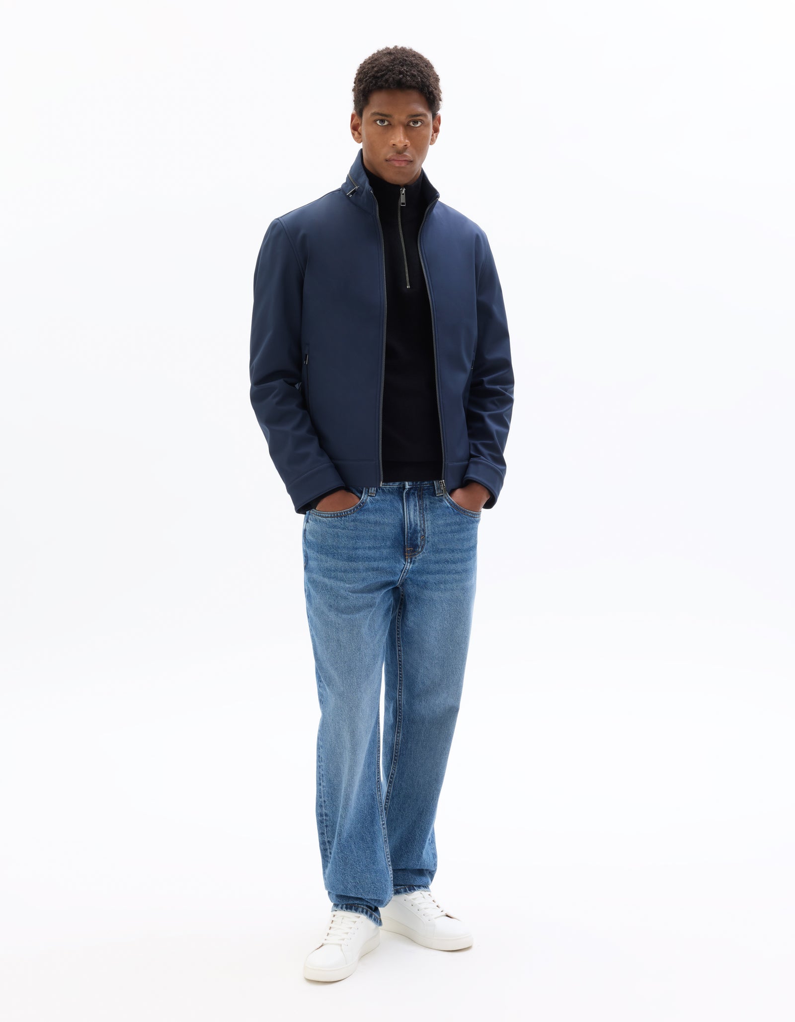 Regular Fit 100% Polyester High Neck Jacket - Navy Blue