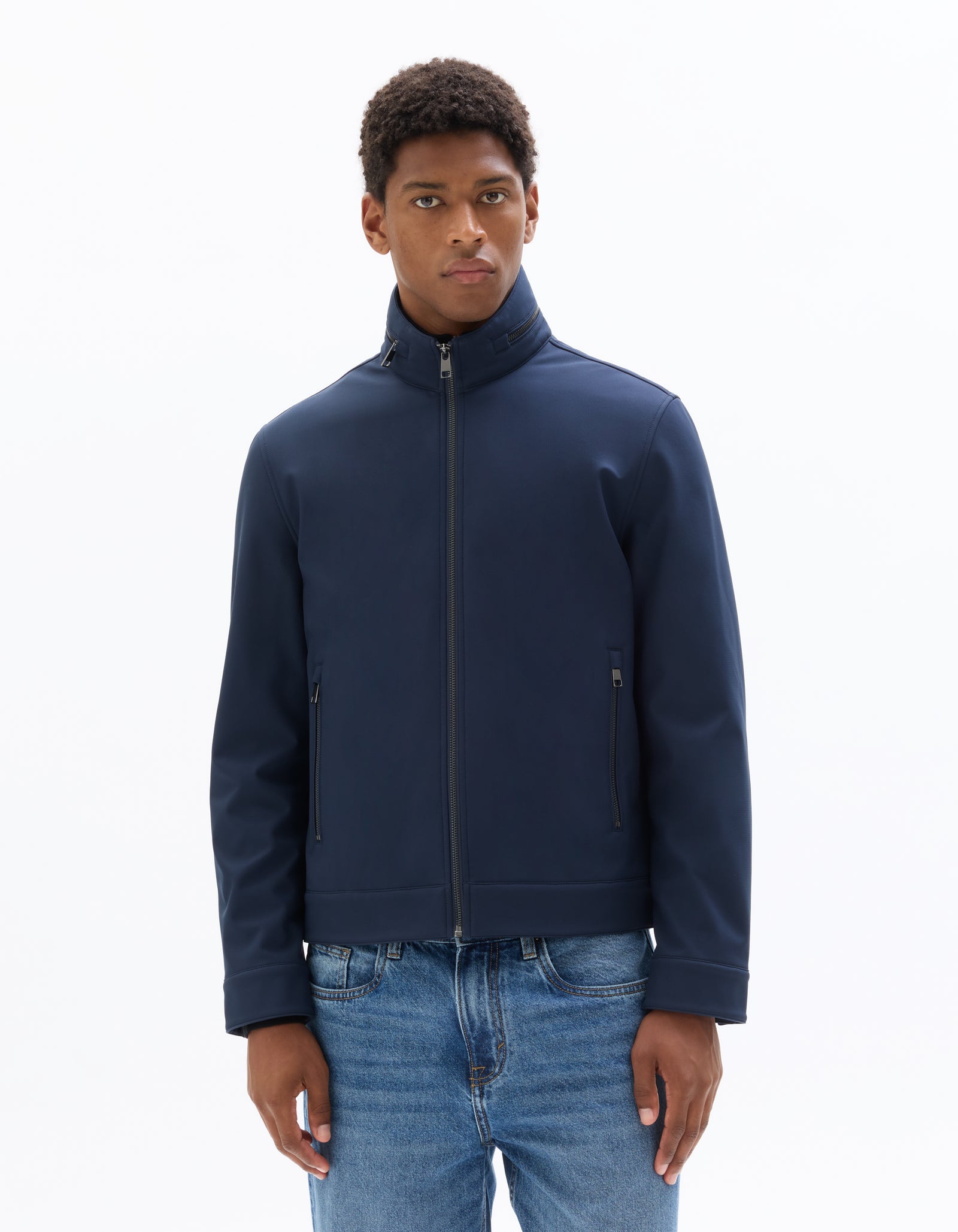 Regular Fit 100% Polyester High Neck Jacket - Navy Blue