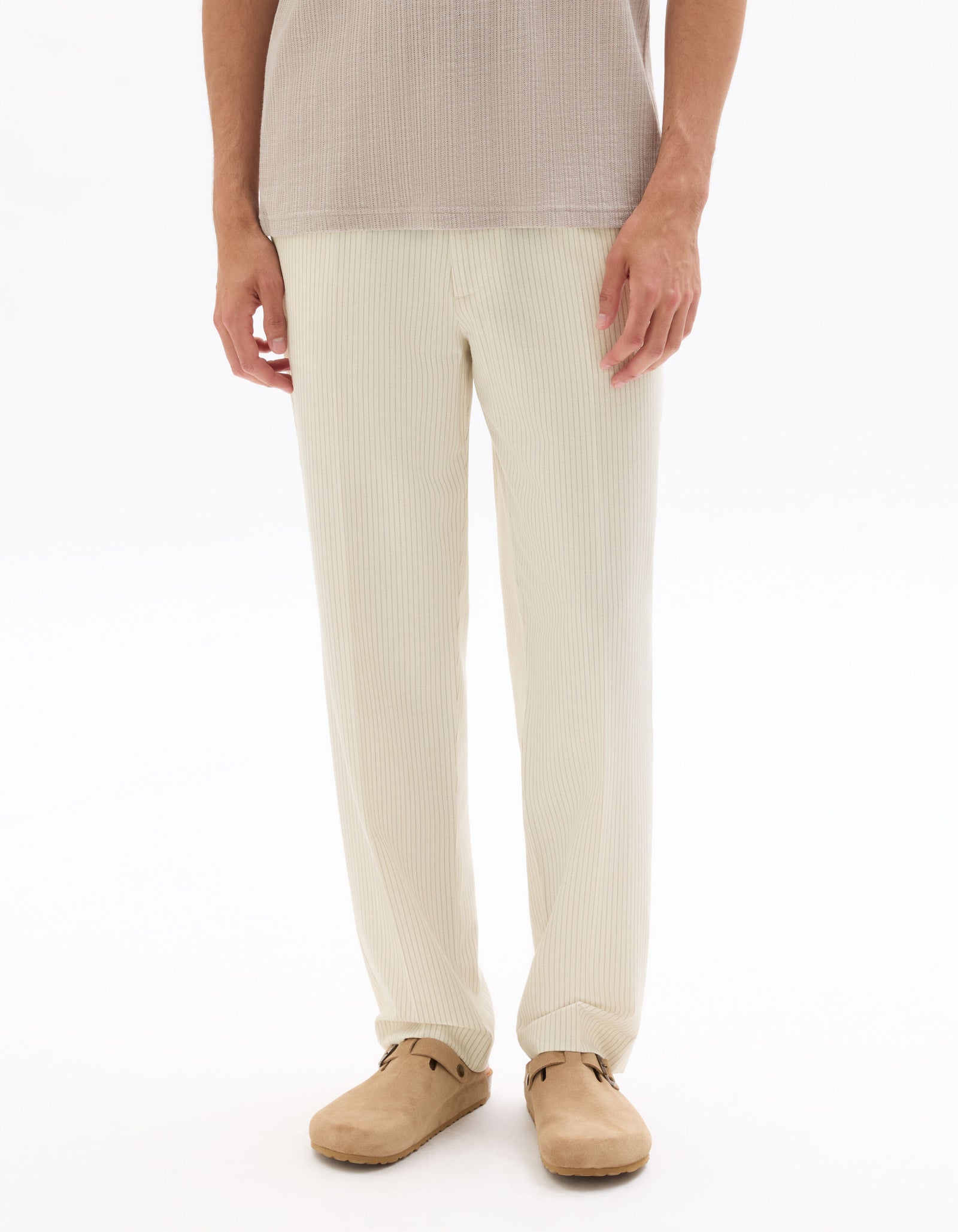 Loose Fit Poly Blend Striped Casual Trouser - Off White