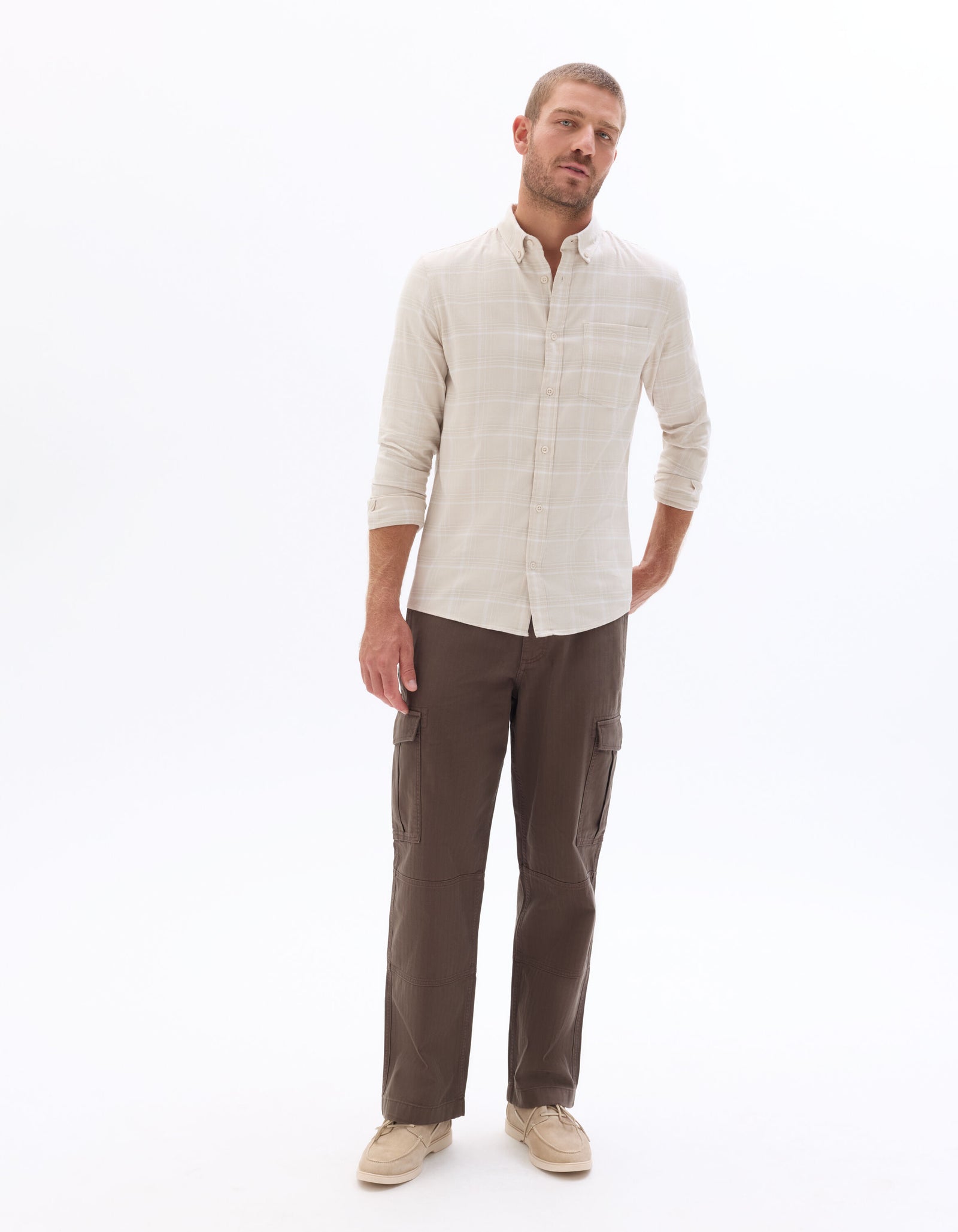Regular Fit Cotton blend Checked Spread Collar Shirts - Beige