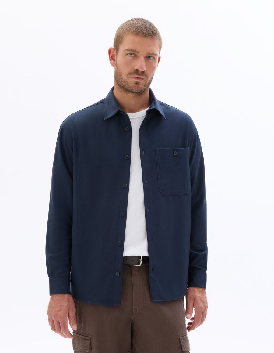 Loose Fit Poly-Viscose Solid Spread Collar Shirts - Navy Blue