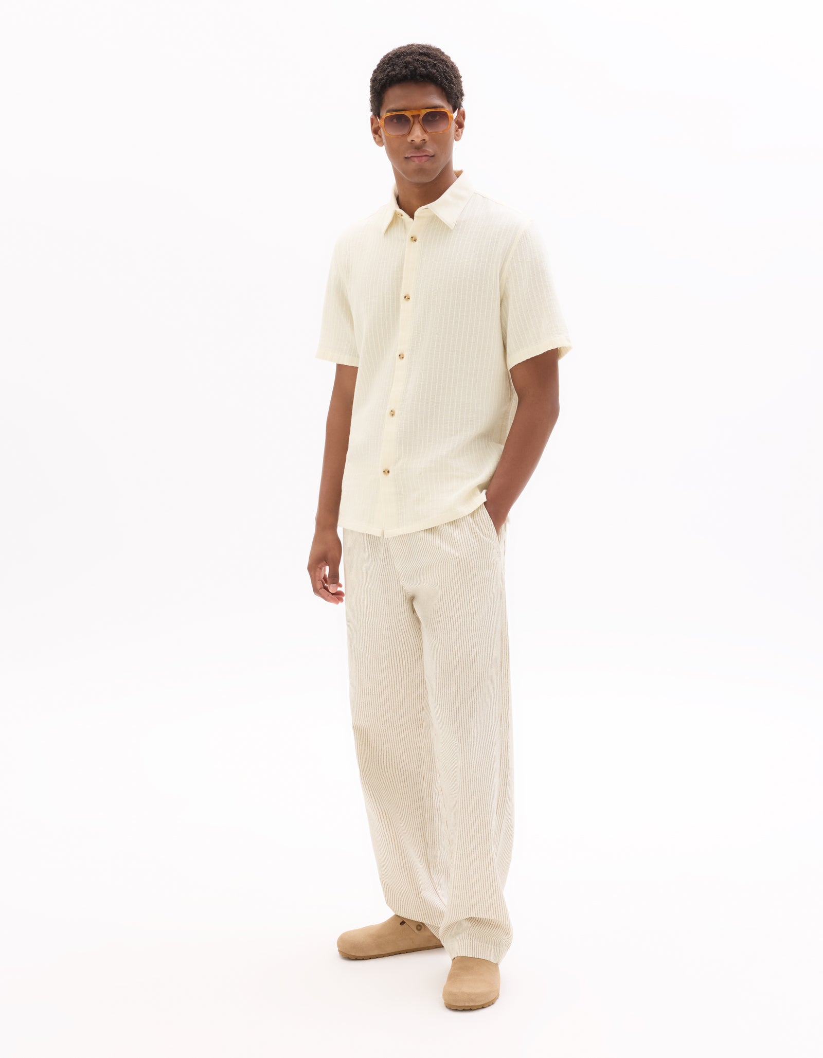 Straight Fit 100% Cotton Striped Casual Trouser - Beige