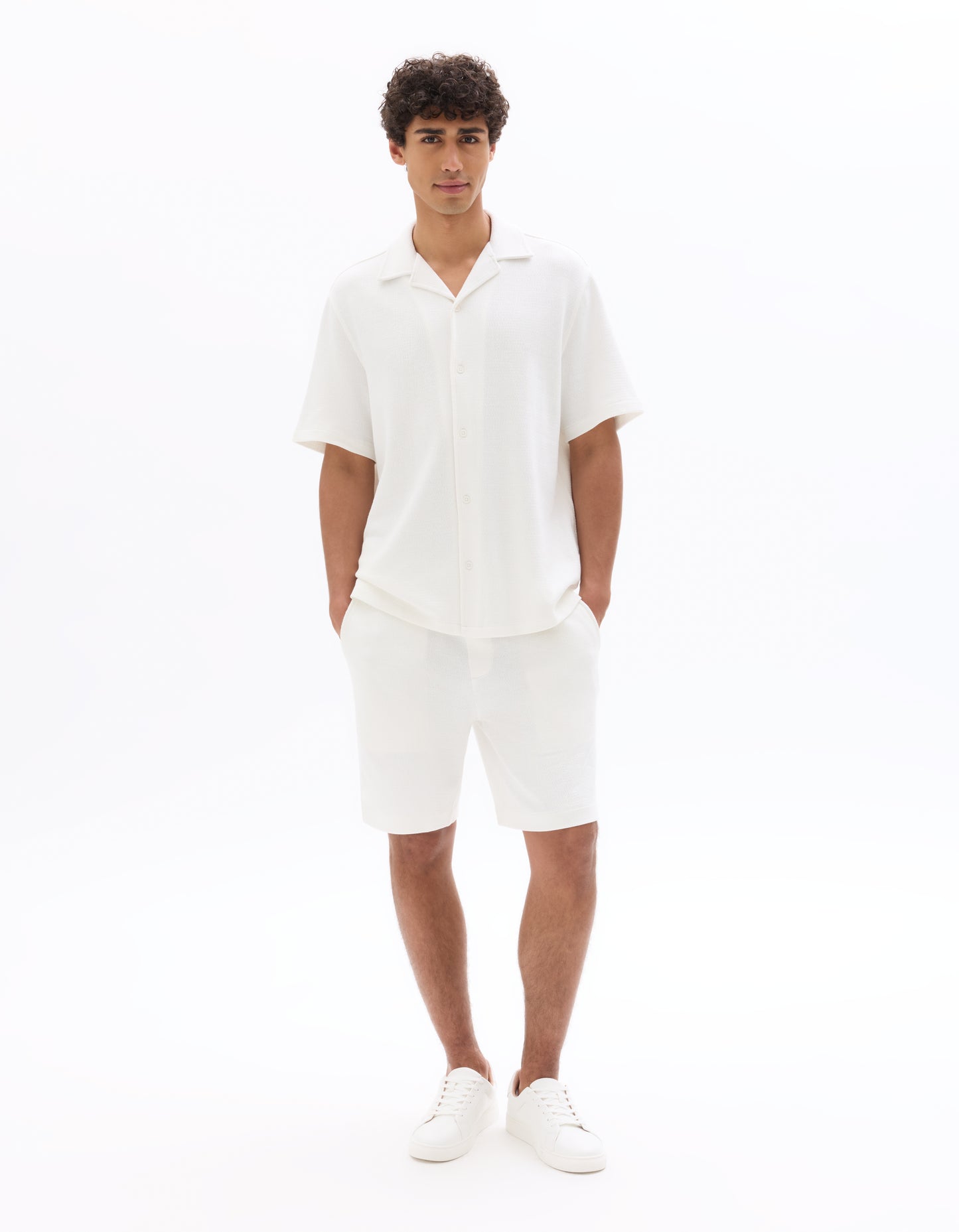 Relaxed Fit 100% Cotton Cuban Collar Shirts - White