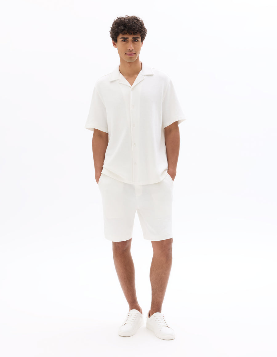 Relaxed Fit 100% Cotton Cuban Collar Shirts - White
