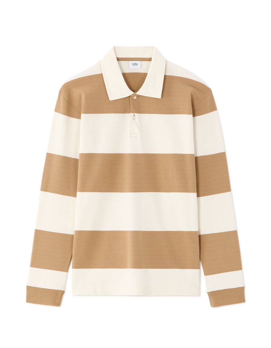 Regular Fit 100% Cotton Striped Polo Collar T Shirts - Beige