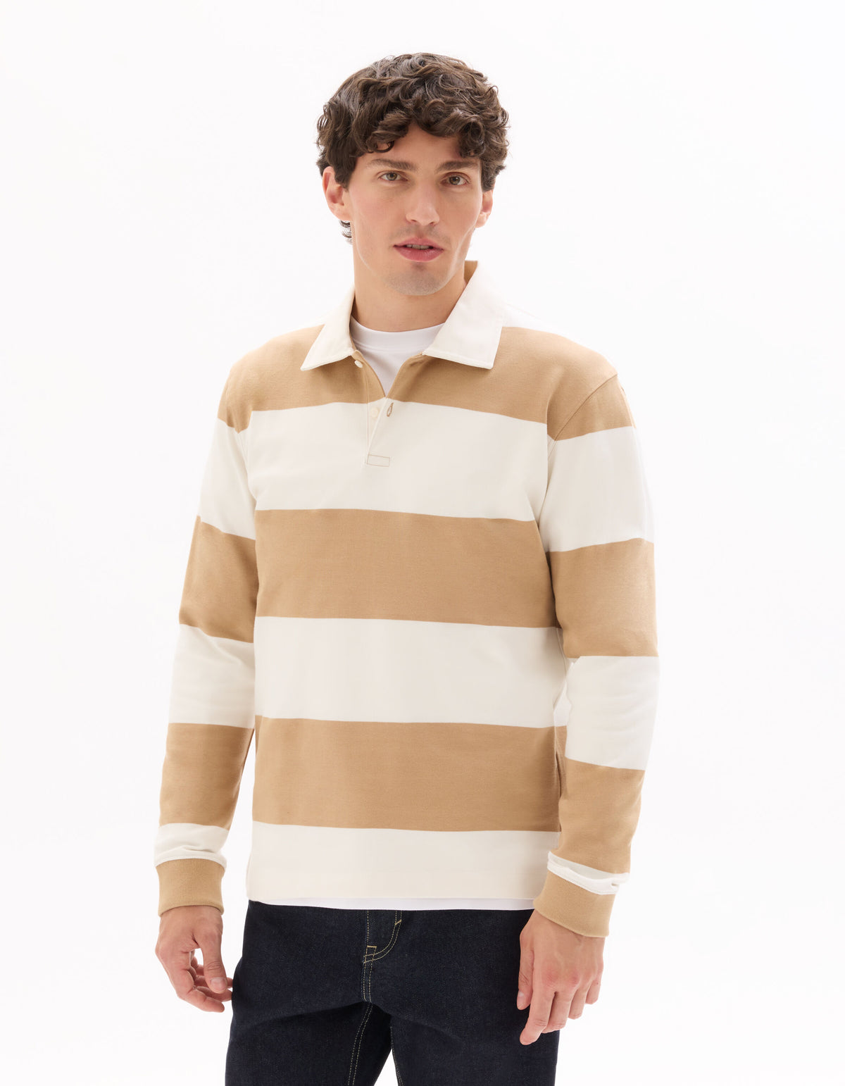Regular Fit 100% Cotton Striped Polo Collar T Shirts - Beige