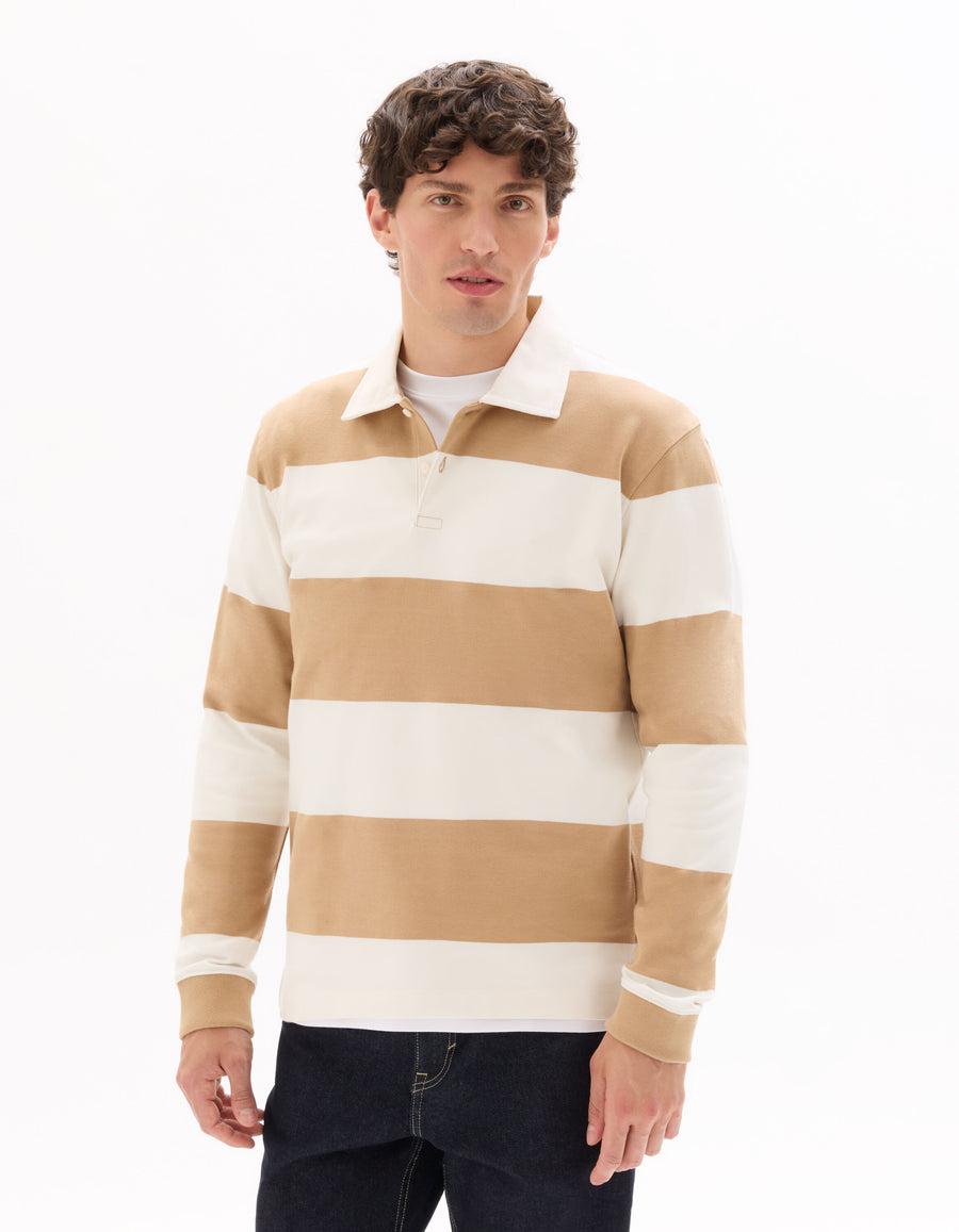 Regular Fit 100% Cotton Striped Polo Collar T Shirts - Beige