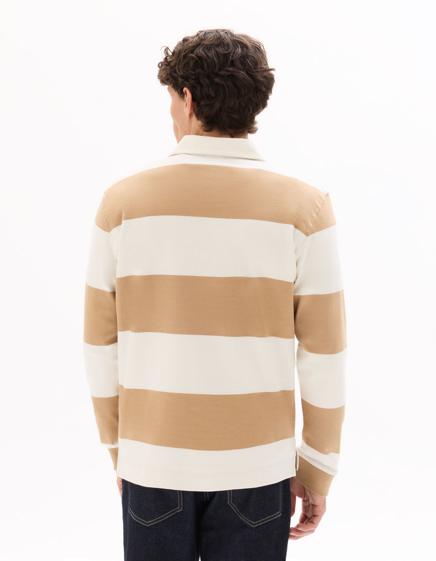 Regular Fit 100% Cotton Striped Polo Collar T Shirts - Beige