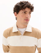 Regular Fit 100% Cotton Striped Polo Collar T Shirts - Beige