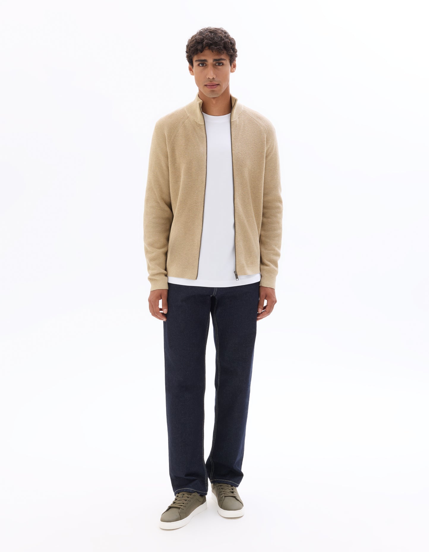 Regular Fit Poly-Cotton Textured High Neck Sweaters - Beige