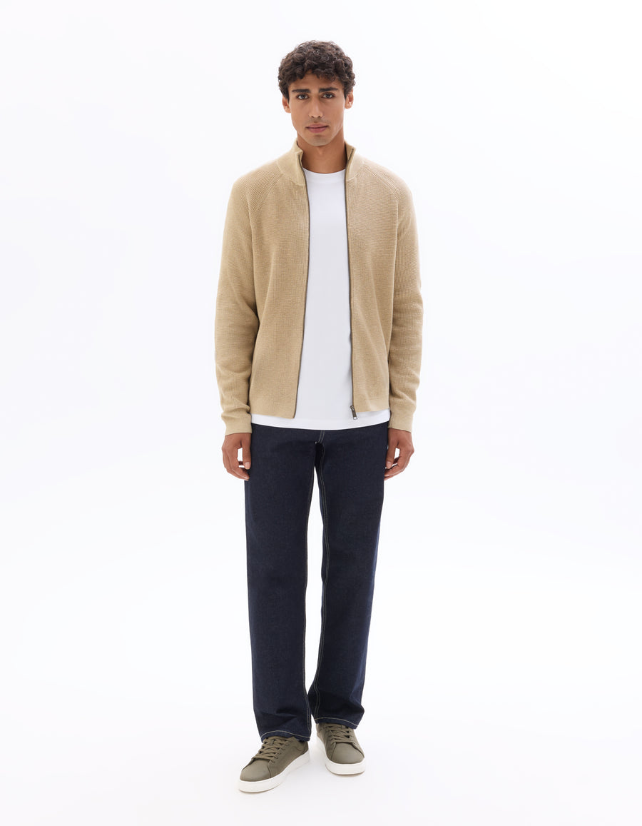 Regular Fit Poly-Cotton Textured High Neck Sweaters - Beige