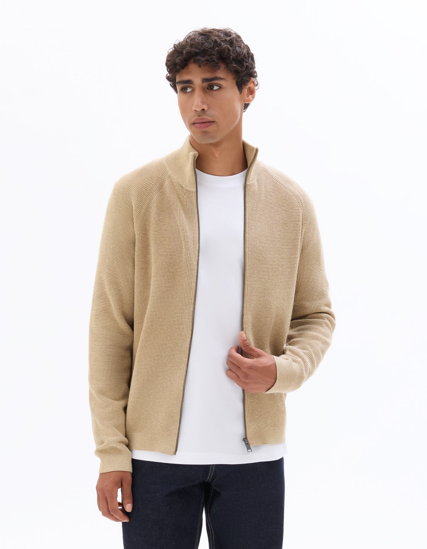 Regular Fit Poly-Cotton Textured High Neck Sweaters - Beige