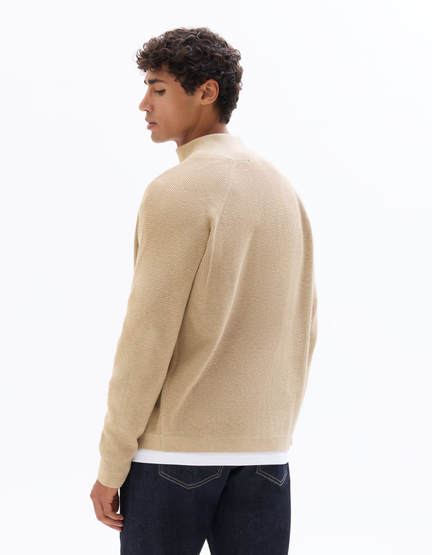 Regular Fit Poly-Cotton Textured High Neck Sweaters - Beige