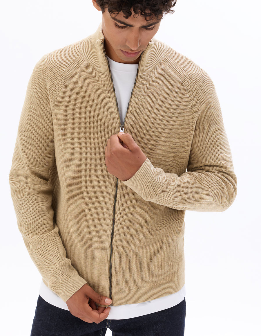 Regular Fit Poly-Cotton Textured High Neck Sweaters - Beige