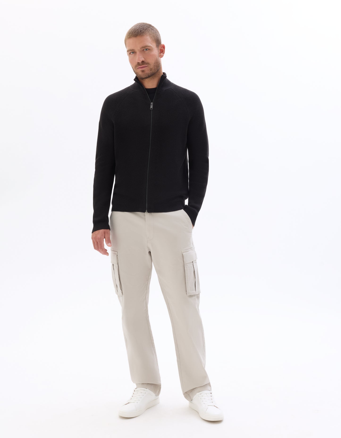 Regular Fit Poly-Cotton Textured High Neck Sweaters - Black