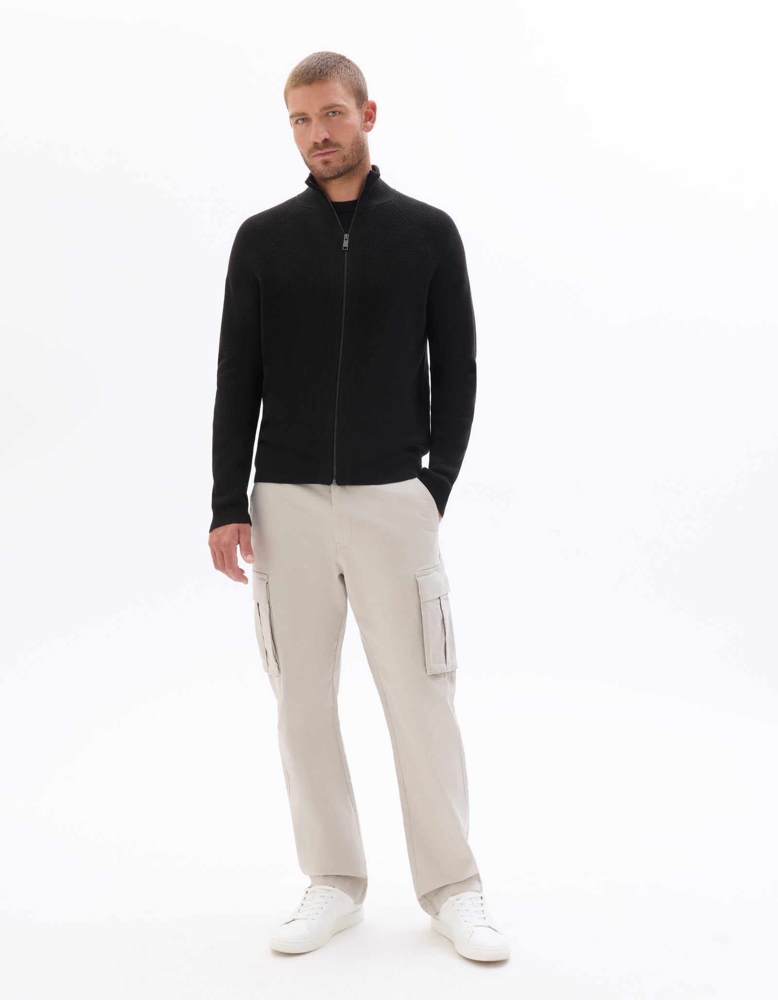 Regular Fit Poly-Cotton Textured High Neck Sweaters - Black