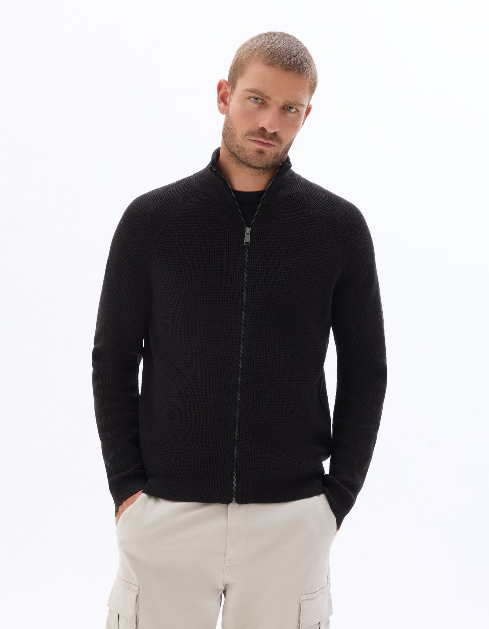 Regular Fit Poly-Cotton Textured High Neck Sweaters - Black