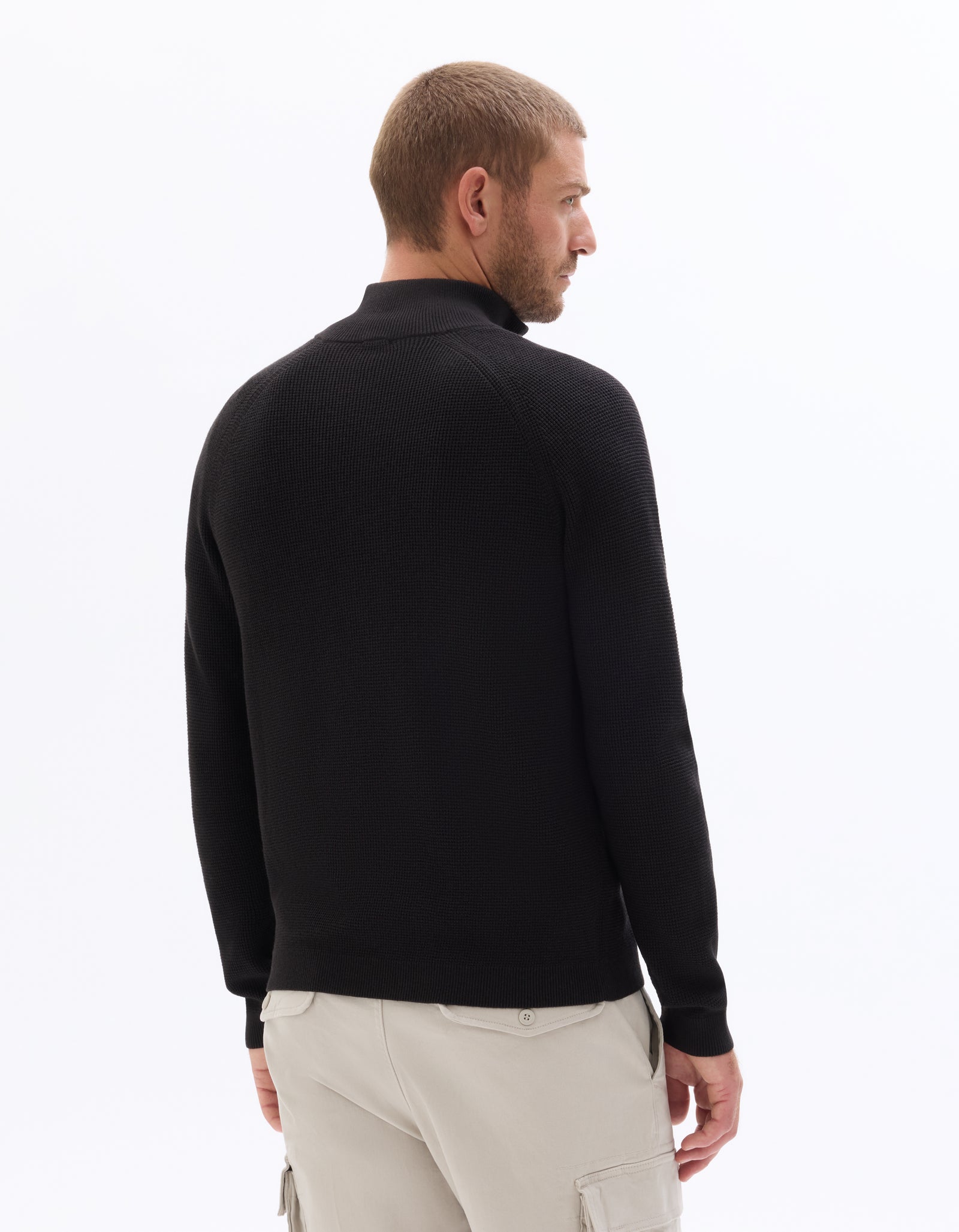 Regular Fit Poly-Cotton Textured High Neck Sweaters - Black