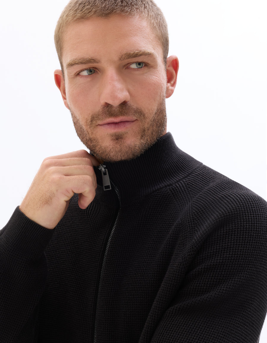 Regular Fit Poly-Cotton Textured High Neck Sweaters - Black