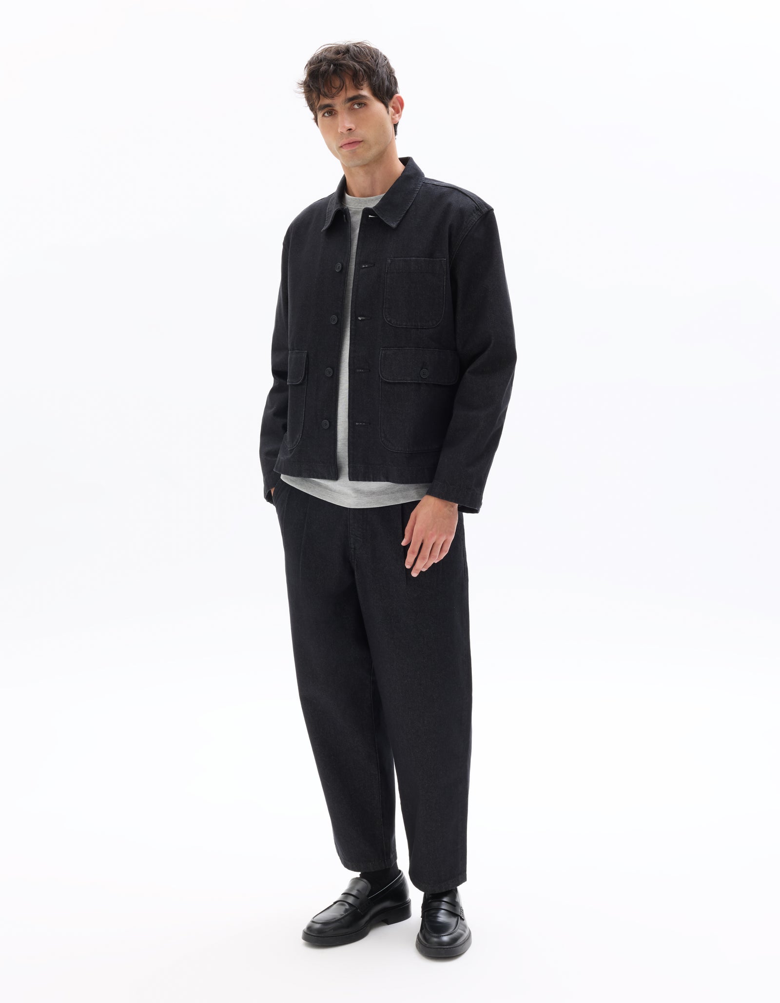 Boxy Fit 100% Cotton Solid Spread Collar Jackets - Black