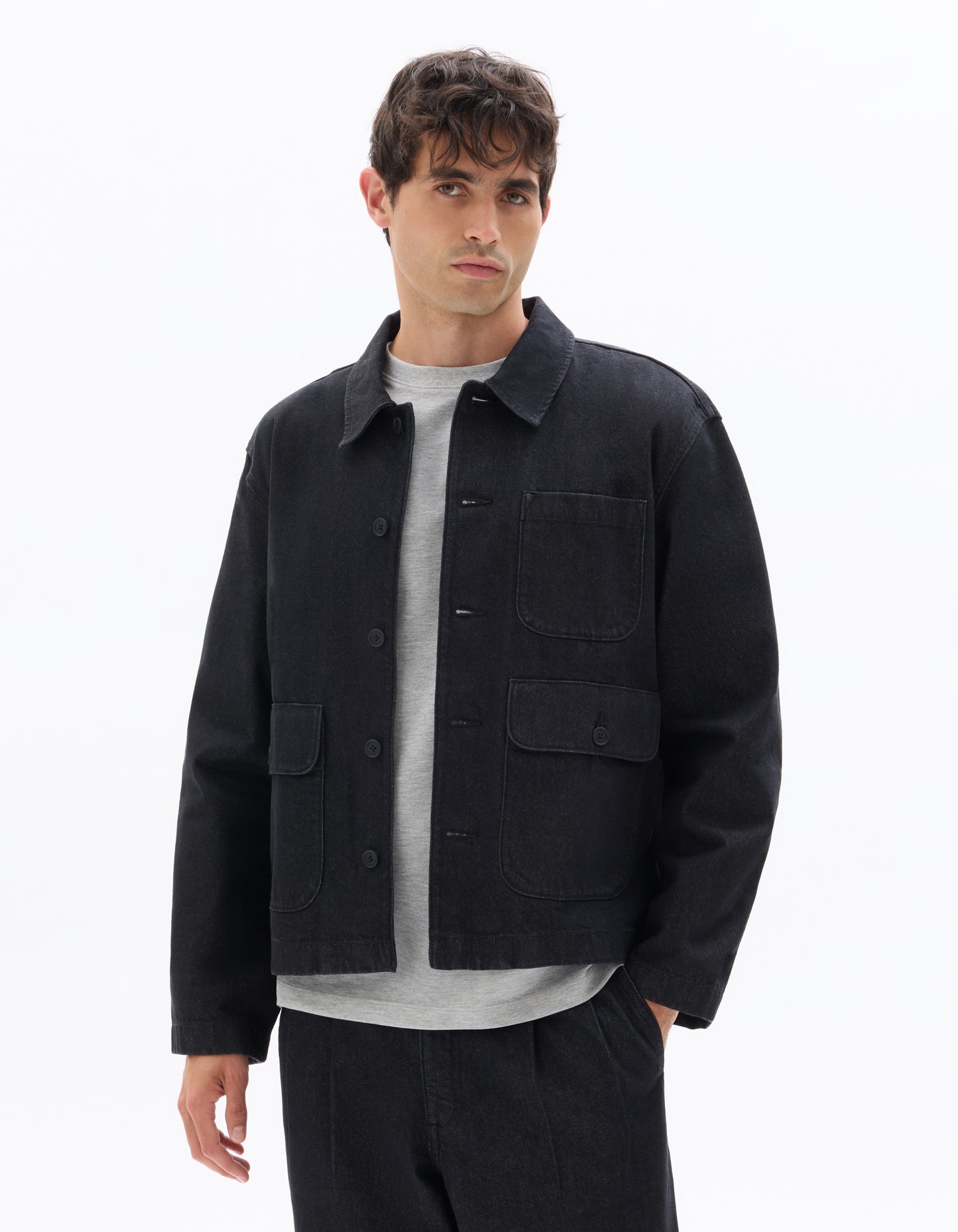 Boxy Fit 100% Cotton Solid Spread Collar Jackets - Black