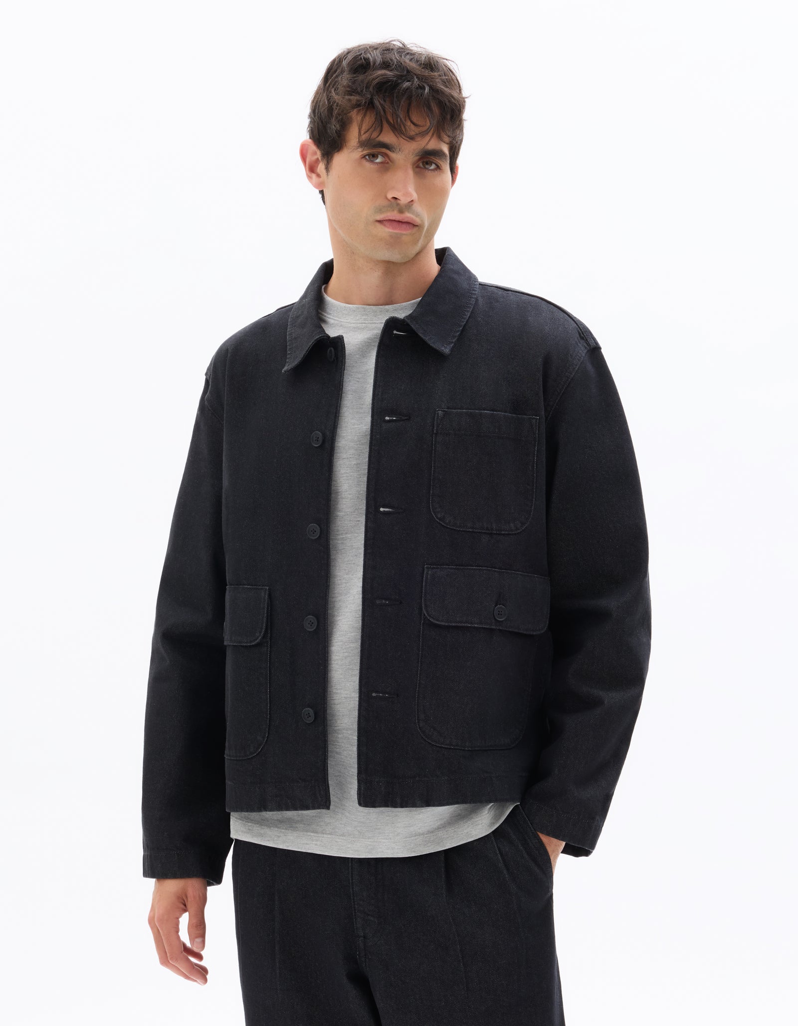 Boxy Fit 100% Cotton Solid Spread Collar Jackets - Black