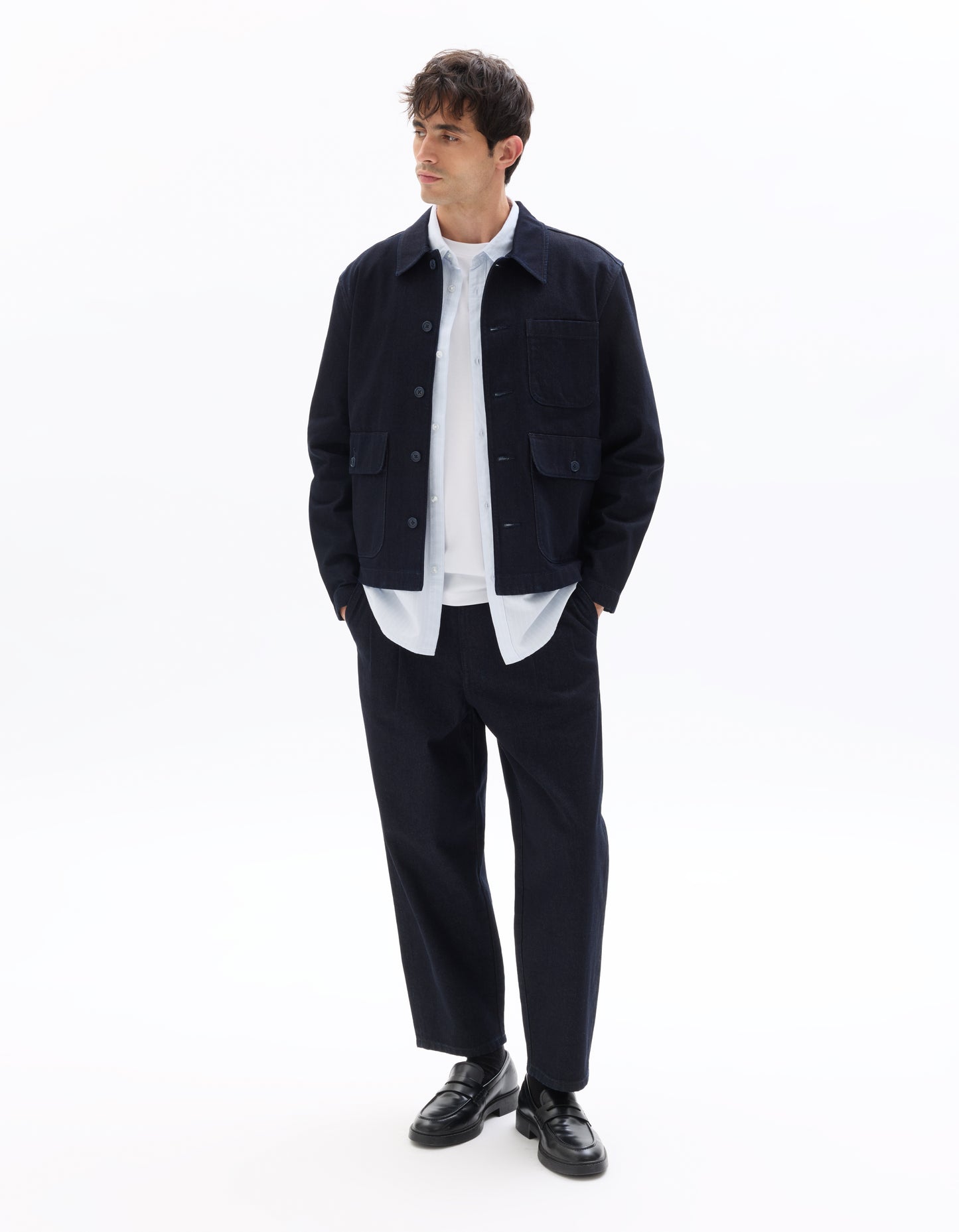 Boxy Fit 100% Cotton Solid Spread Collar Jackets - Navy Blue