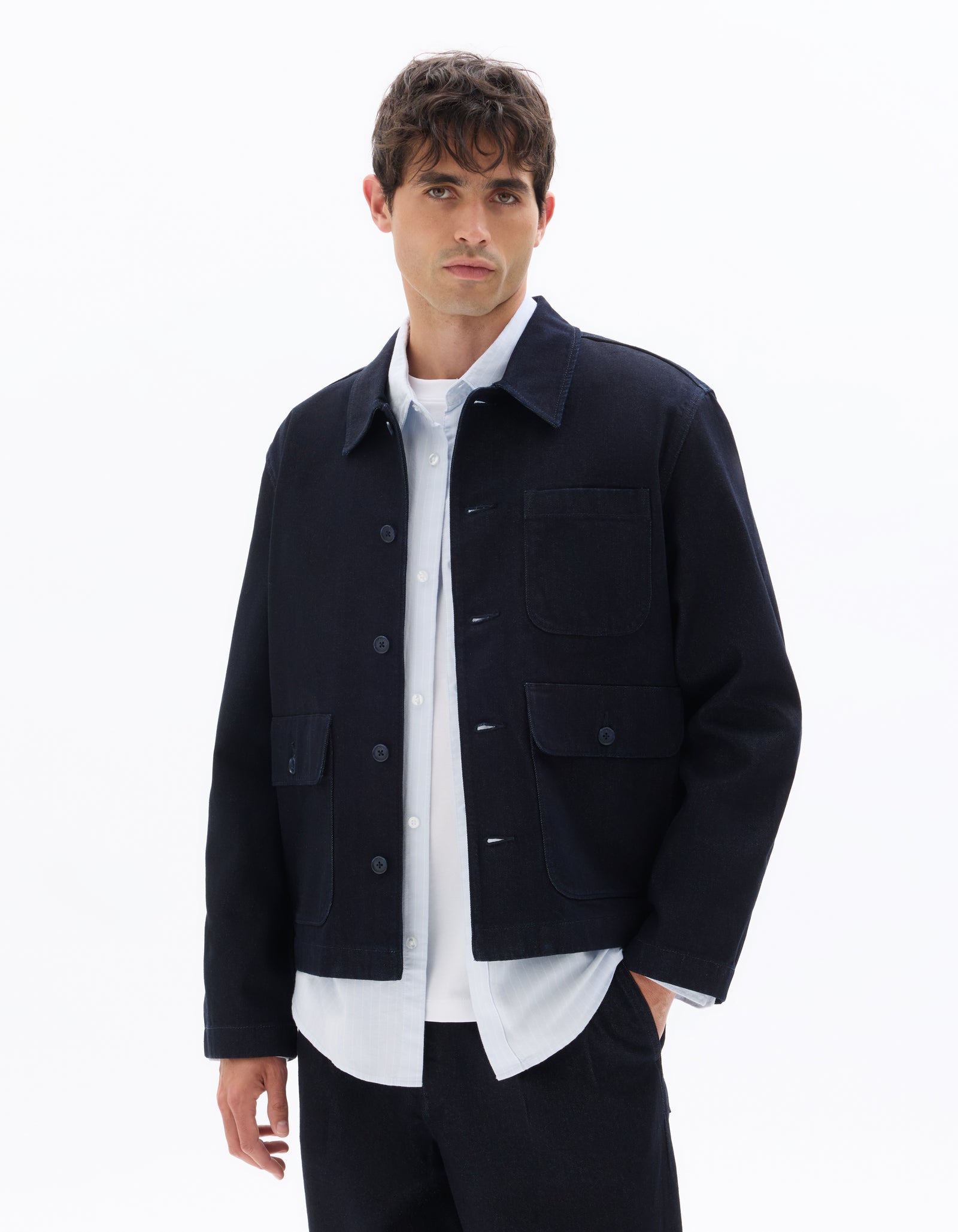 Boxy Fit 100% Cotton Solid Spread Collar Jackets - Navy Blue