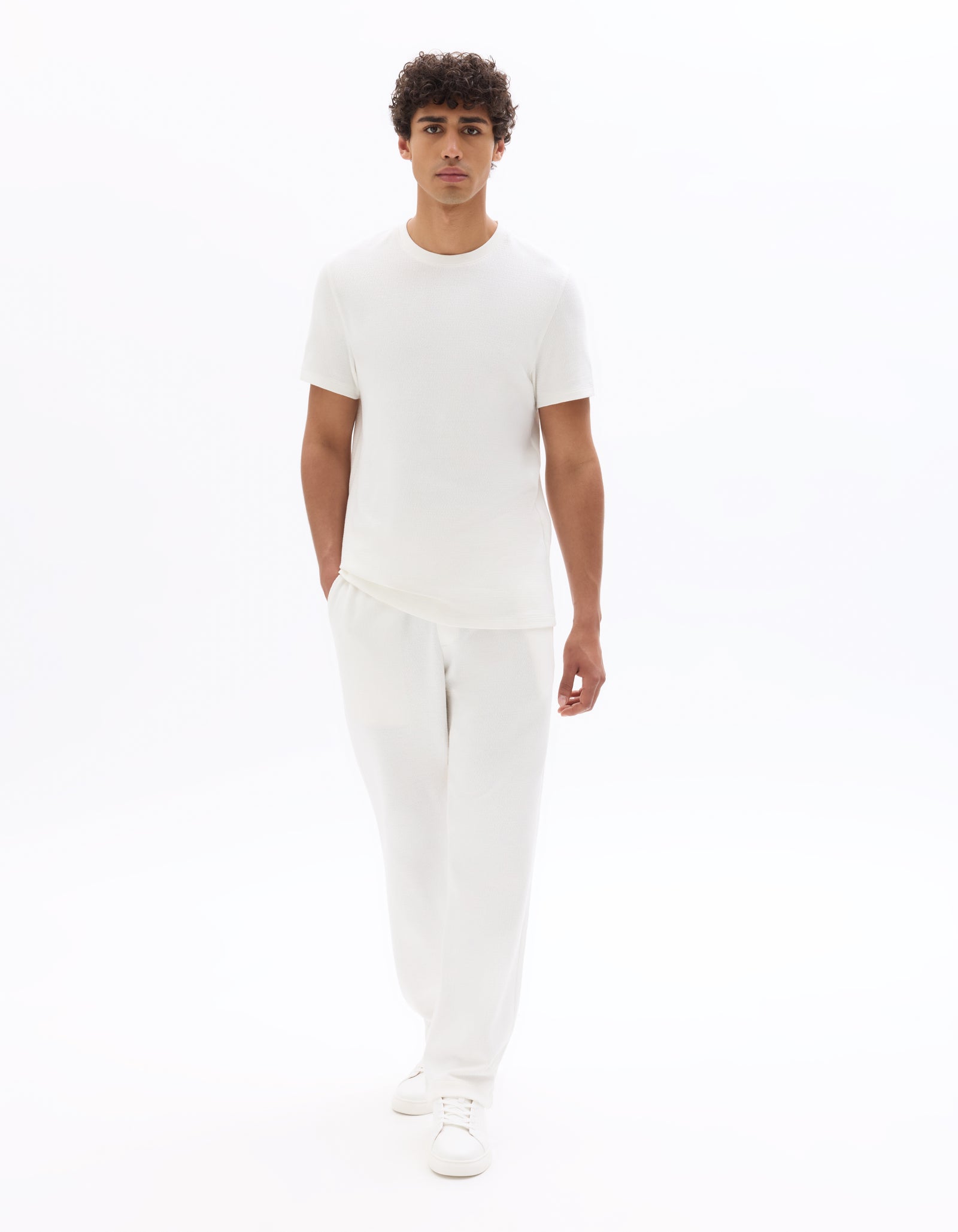 Regular Fit 100% Cotton Textured Round Neck T-Shirt - White