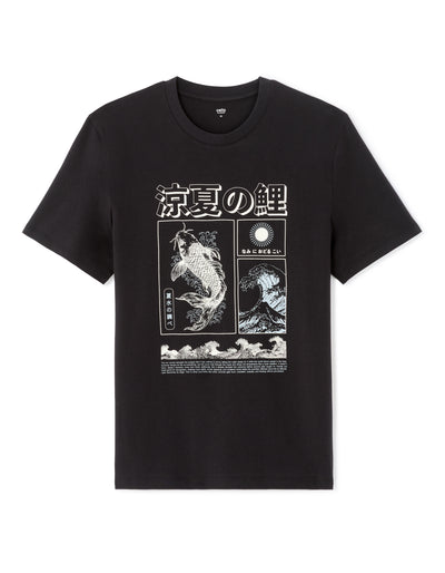 Regular Fit 100% Cotton Printed Round Neck T-Shirt - Black