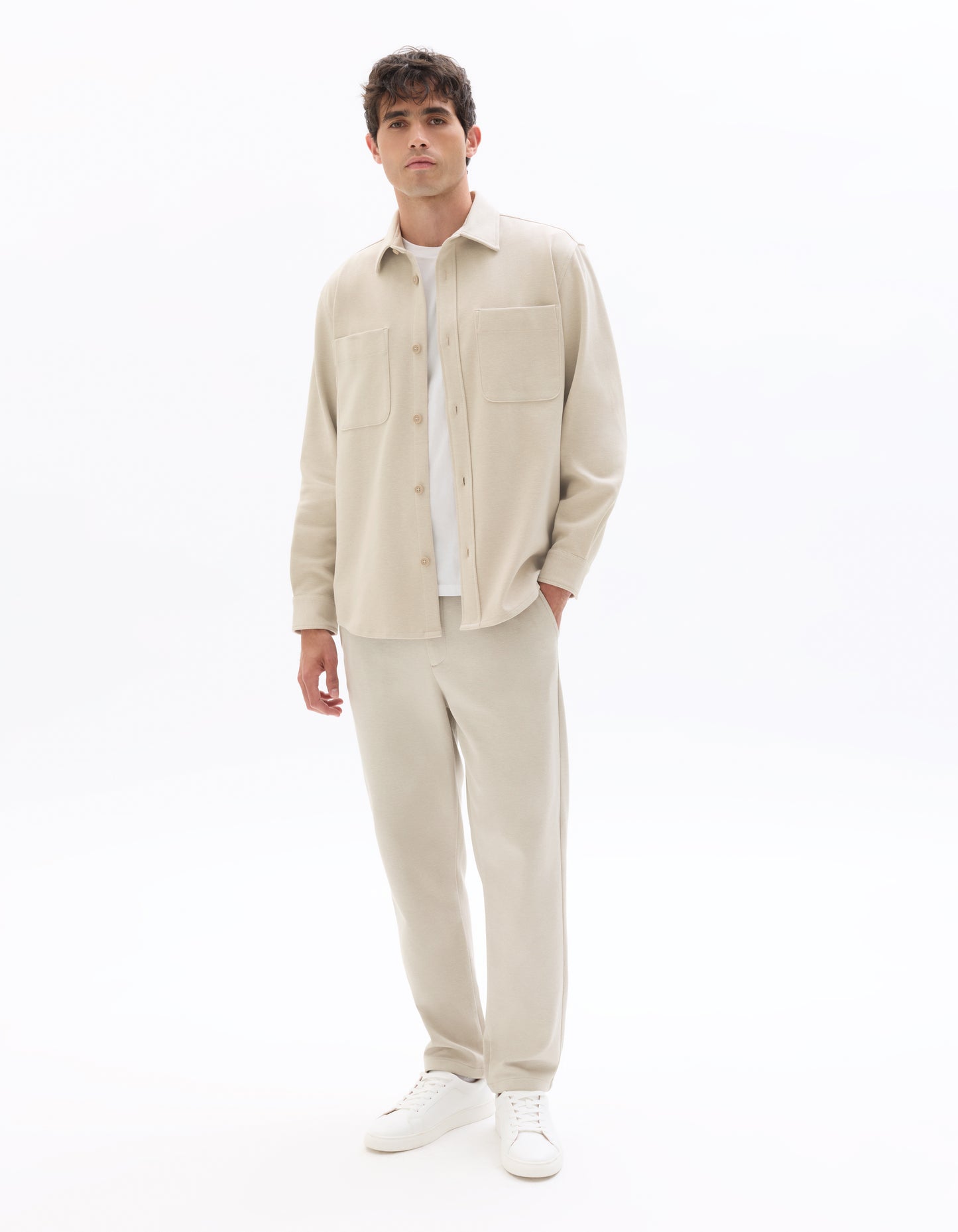 Oversized Fit Poly-Cotton Regular Collar Shirts - Beige