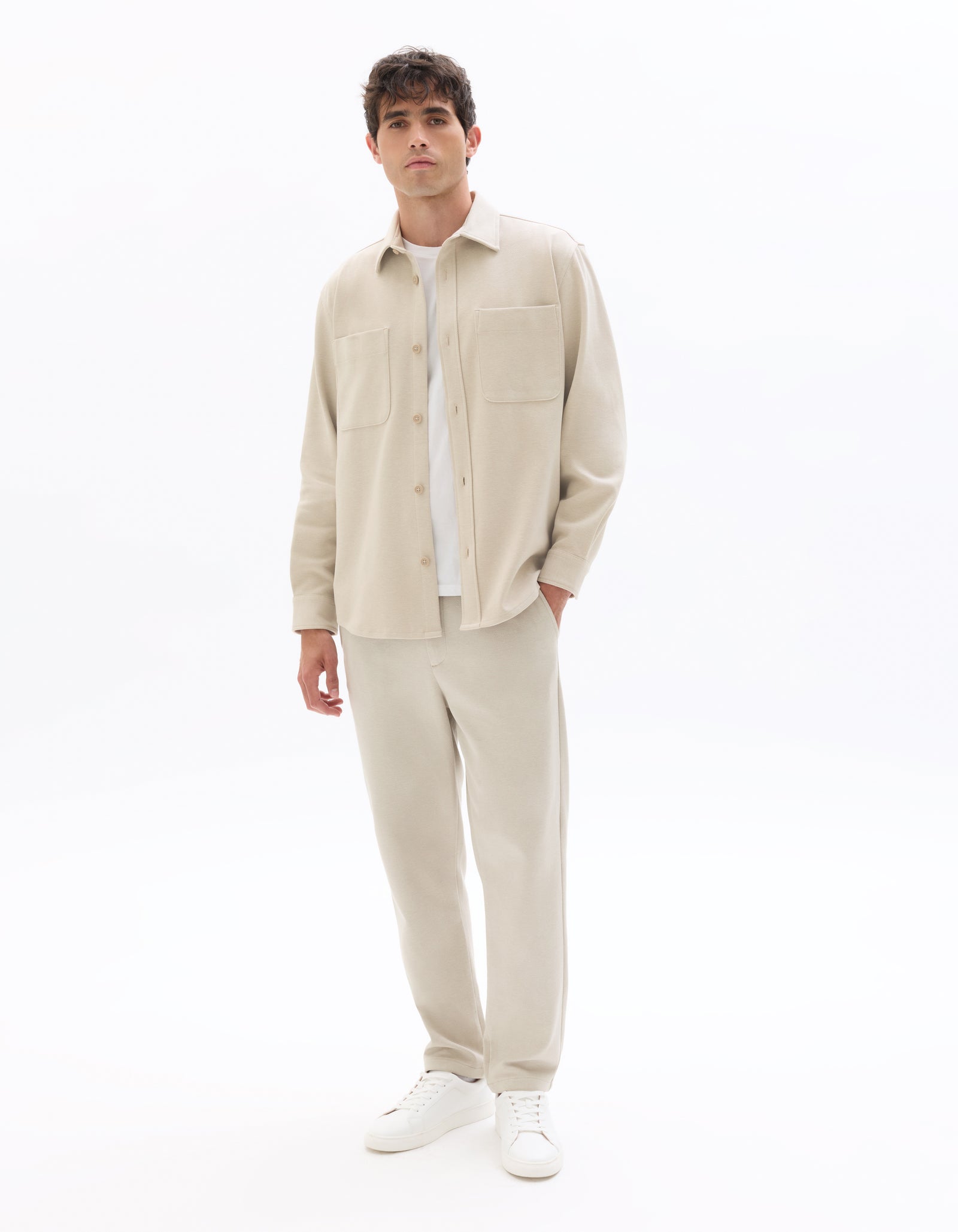 Oversized Fit Poly-Cotton Regular Collar Shirts - Beige