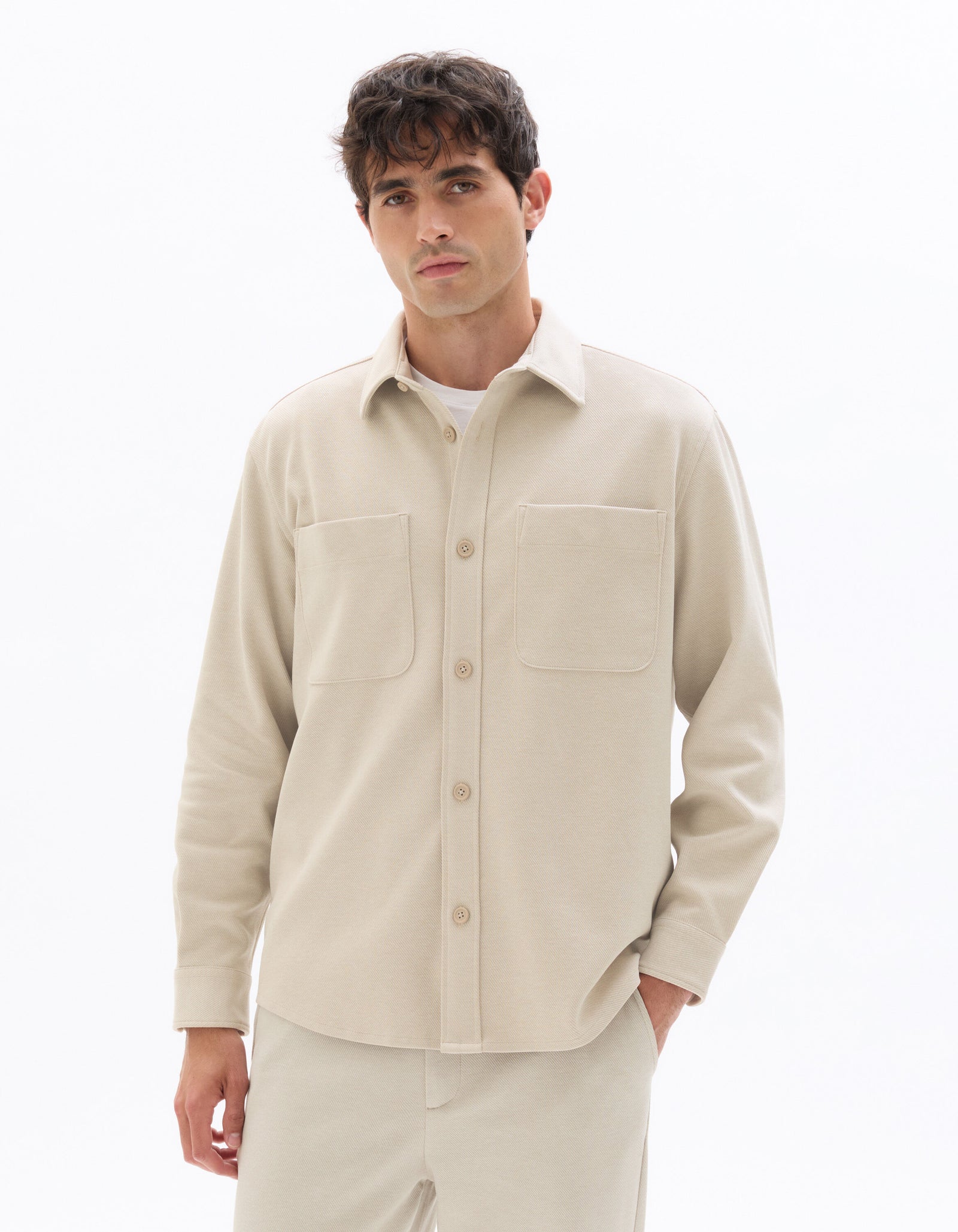 Oversized Fit Poly-Cotton Regular Collar Shirts - Beige